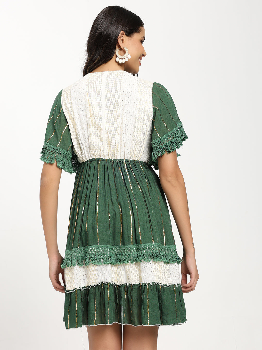 Handwork Embroidery Bell Sleeves Boho Short Maxi Dress- Emerald Whisper