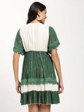 Handwork Embroidery Bell Sleeves Boho Short Maxi Dress- Emerald Whisper