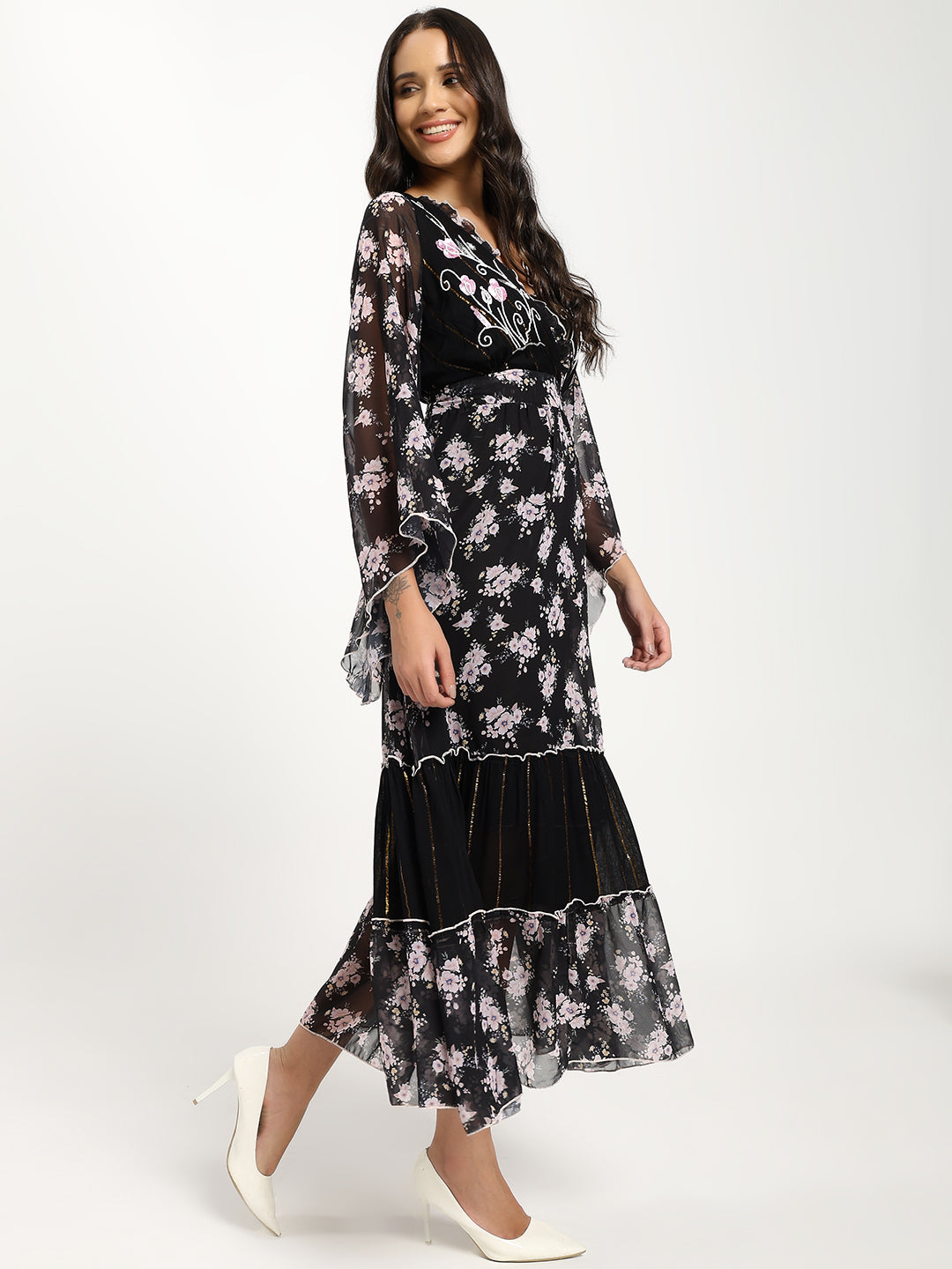 Black Orchid Flair Bell Sleeves Maxi Dress