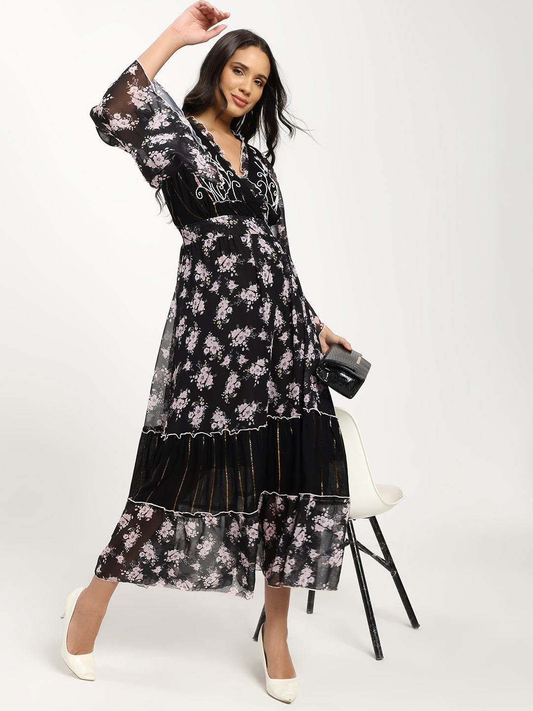 Black Orchid Flair Bell Sleeves Maxi Dress