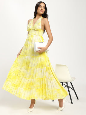 Halter Neck Multi Panel Embroidery Hand Work Boho printed Maxi Dress in Lemon Glow