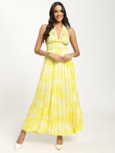 Halter Neck Multi Panel Embroidery Hand Work Boho printed Maxi Dress in Lemon Glow
