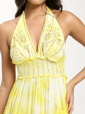 Halter Neck Multi Panel Embroidery Hand Work Boho printed Maxi Dress in Lemon Glow