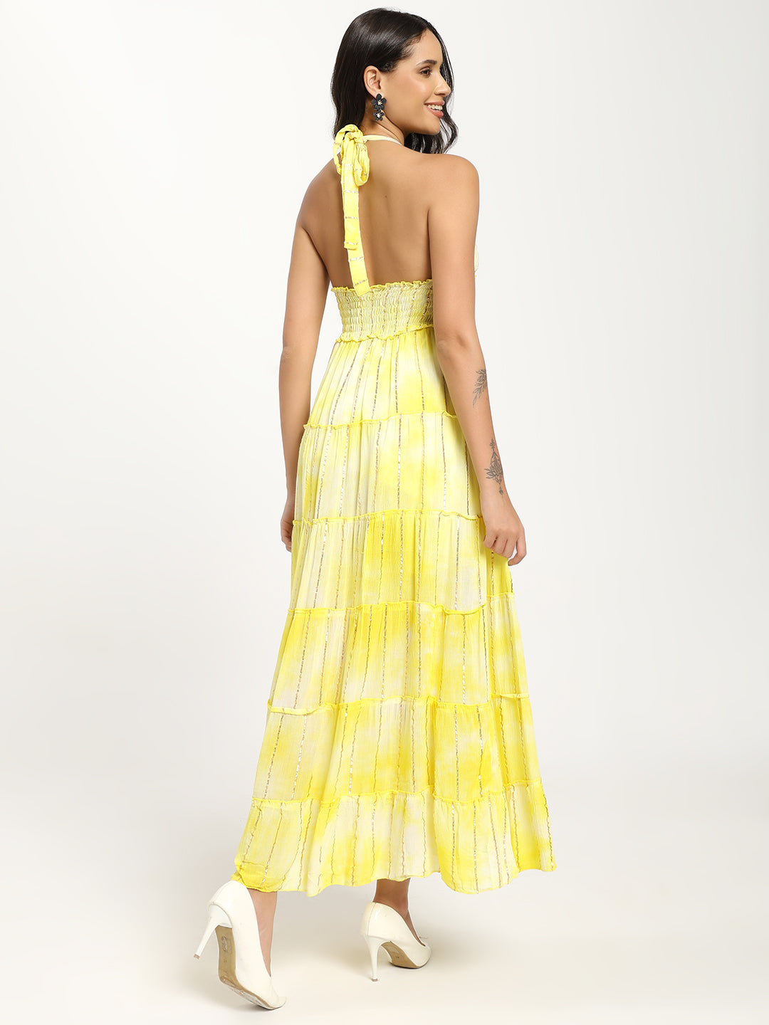 Halter Neck Multi Panel Embroidery Hand Work Boho printed Maxi Dress in Lemon Glow