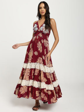 V Neck Embroidery Hand Work Boho Printed Maxi Dress- Crimson Whispers