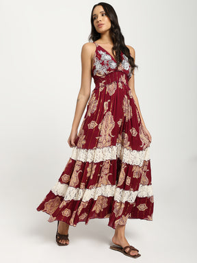 V Neck Embroidery Hand Work Boho Printed Maxi Dress- Crimson Whispers