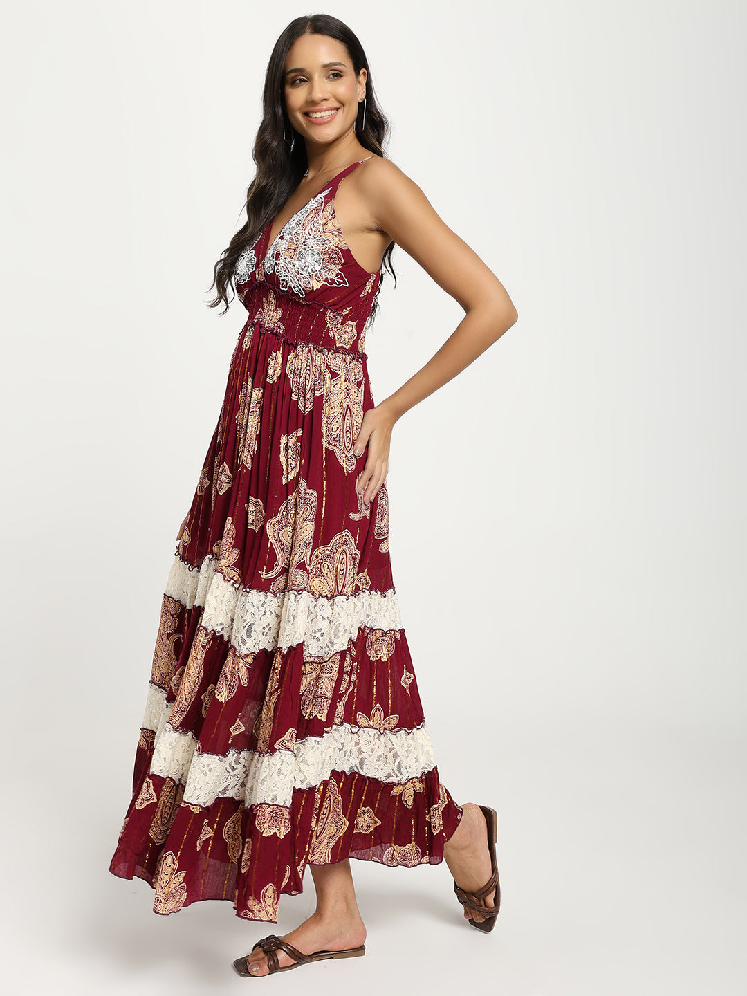 V Neck Embroidery Hand Work Boho Printed Maxi Dress- Crimson Whispers