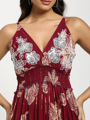 V Neck Embroidery Hand Work Boho Printed Maxi Dress- Crimson Whispers