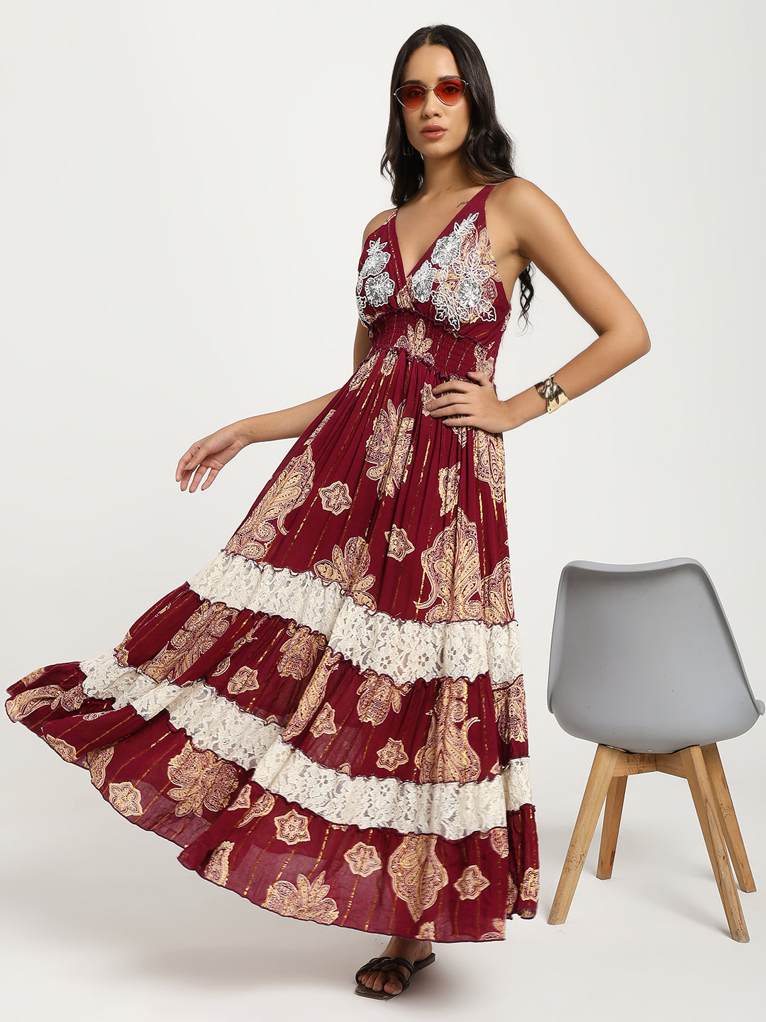 V Neck Embroidery Hand Work Boho Printed Maxi Dress- Crimson Whispers