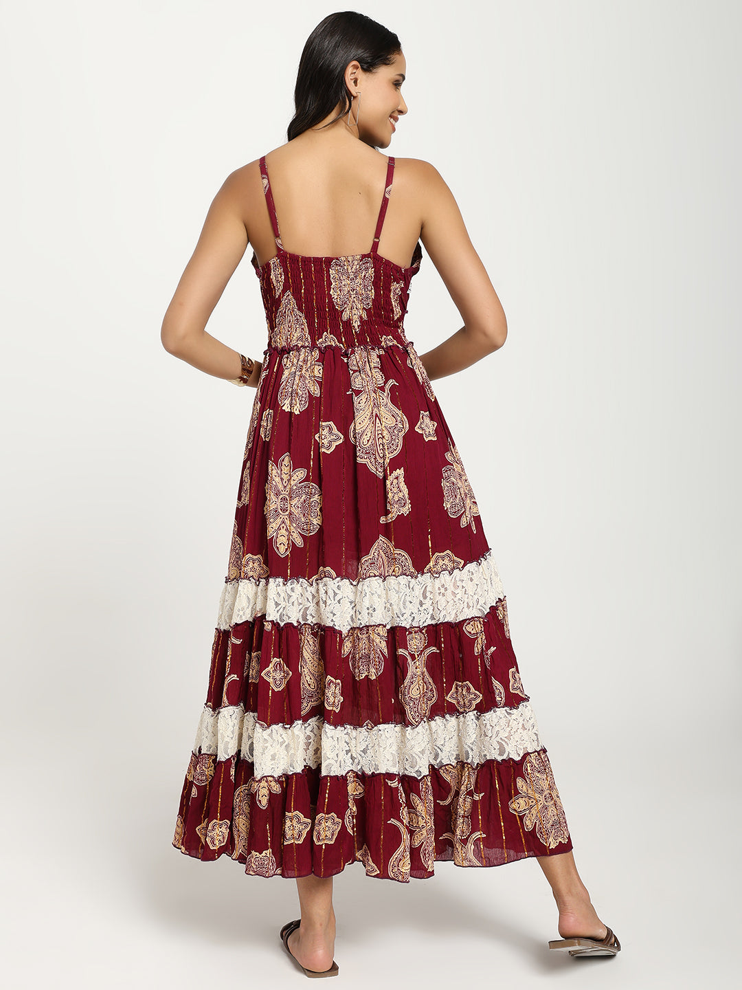 V Neck Embroidery Hand Work Boho Printed Maxi Dress- Crimson Whispers