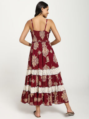 V Neck Embroidery Hand Work Boho Printed Maxi Dress- Crimson Whispers