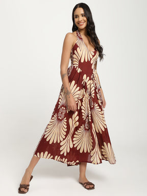 Printed Cotton Maxi Dress in Maroon Mirage