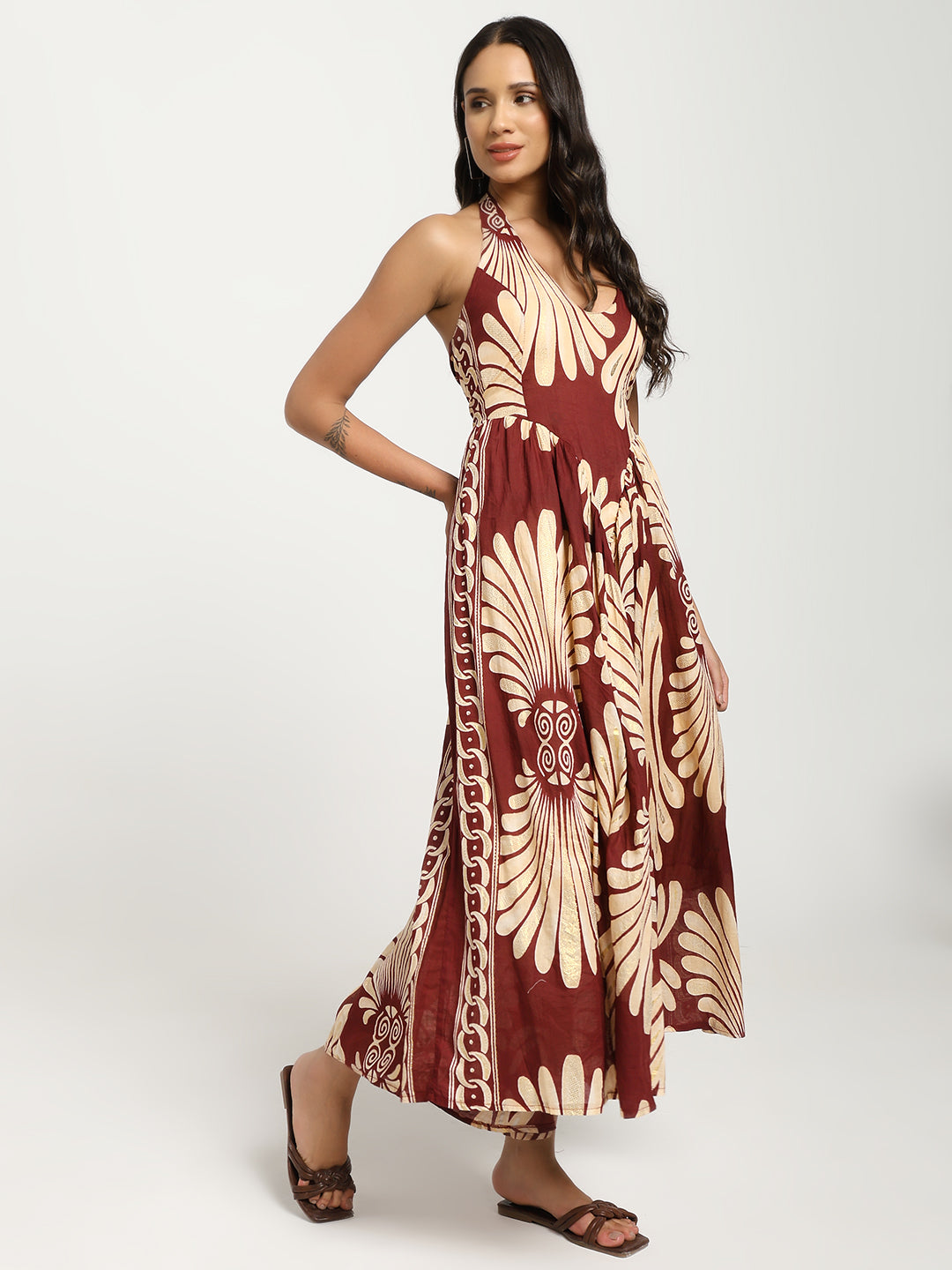 Printed Cotton Maxi Dress in Maroon Mirage