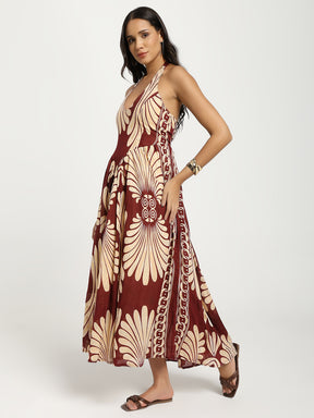 Printed Cotton Maxi Dress in Maroon Mirage