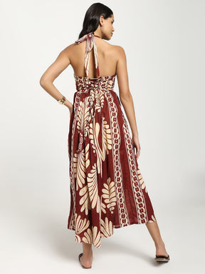 Printed Cotton Maxi Dress in Maroon Mirage