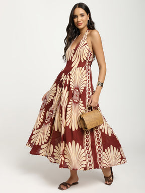 Printed Cotton Maxi Dress in Maroon Mirage