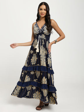 V Neck Embroidery Hand Work Boho Printed Maxi Dress- Midnight Royale