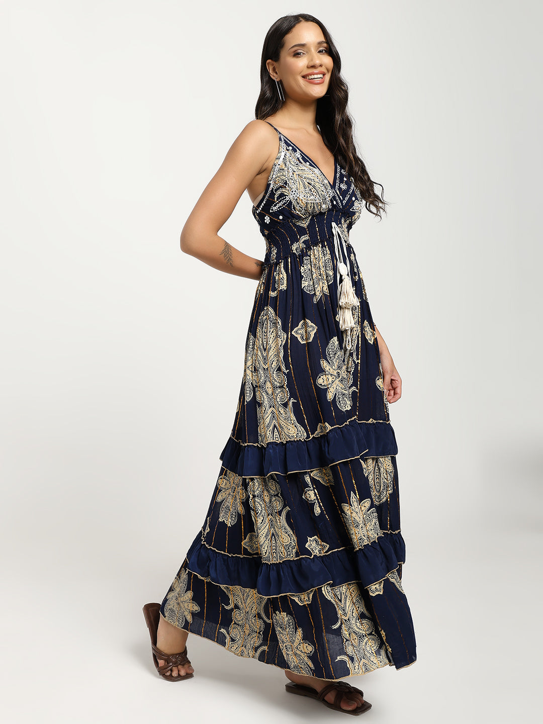 V Neck Embroidery Hand Work Boho Printed Maxi Dress- Midnight Royale