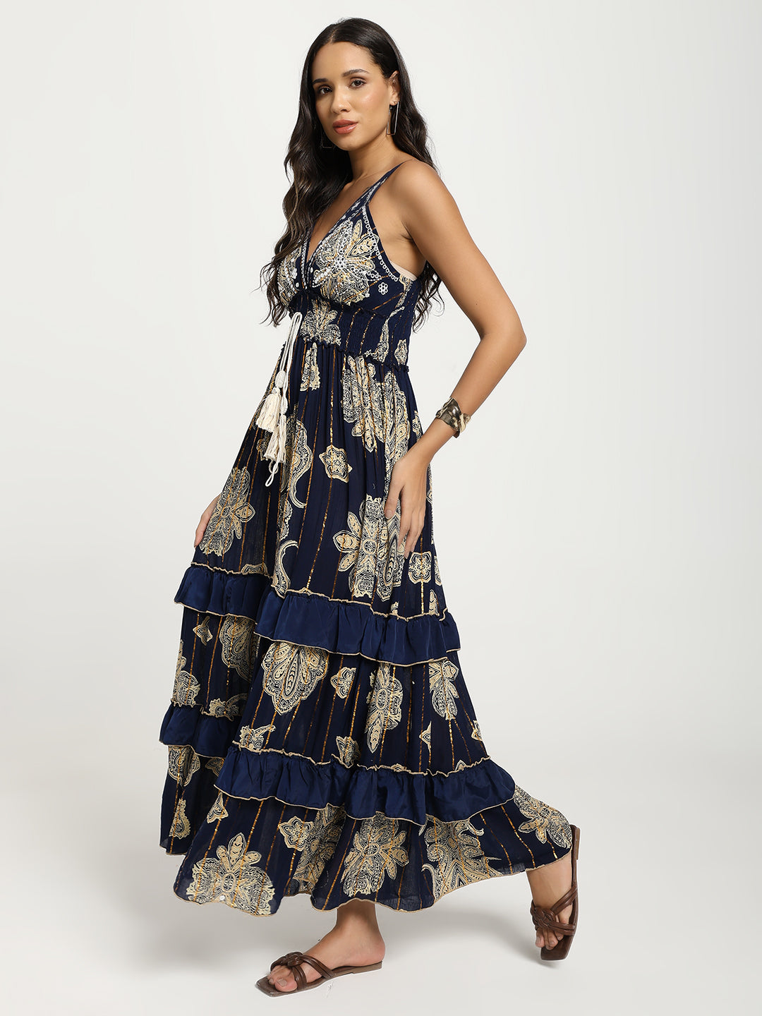 V Neck Embroidery Hand Work Boho Printed Maxi Dress- Midnight Royale