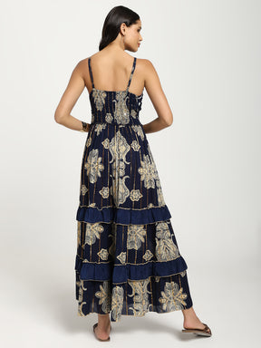 V Neck Embroidery Hand Work Boho Printed Maxi Dress- Midnight Royale