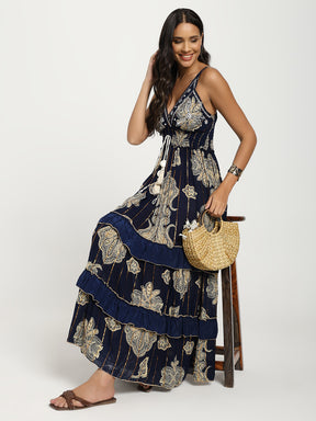V Neck Embroidery Hand Work Boho Printed Maxi Dress- Midnight Royale