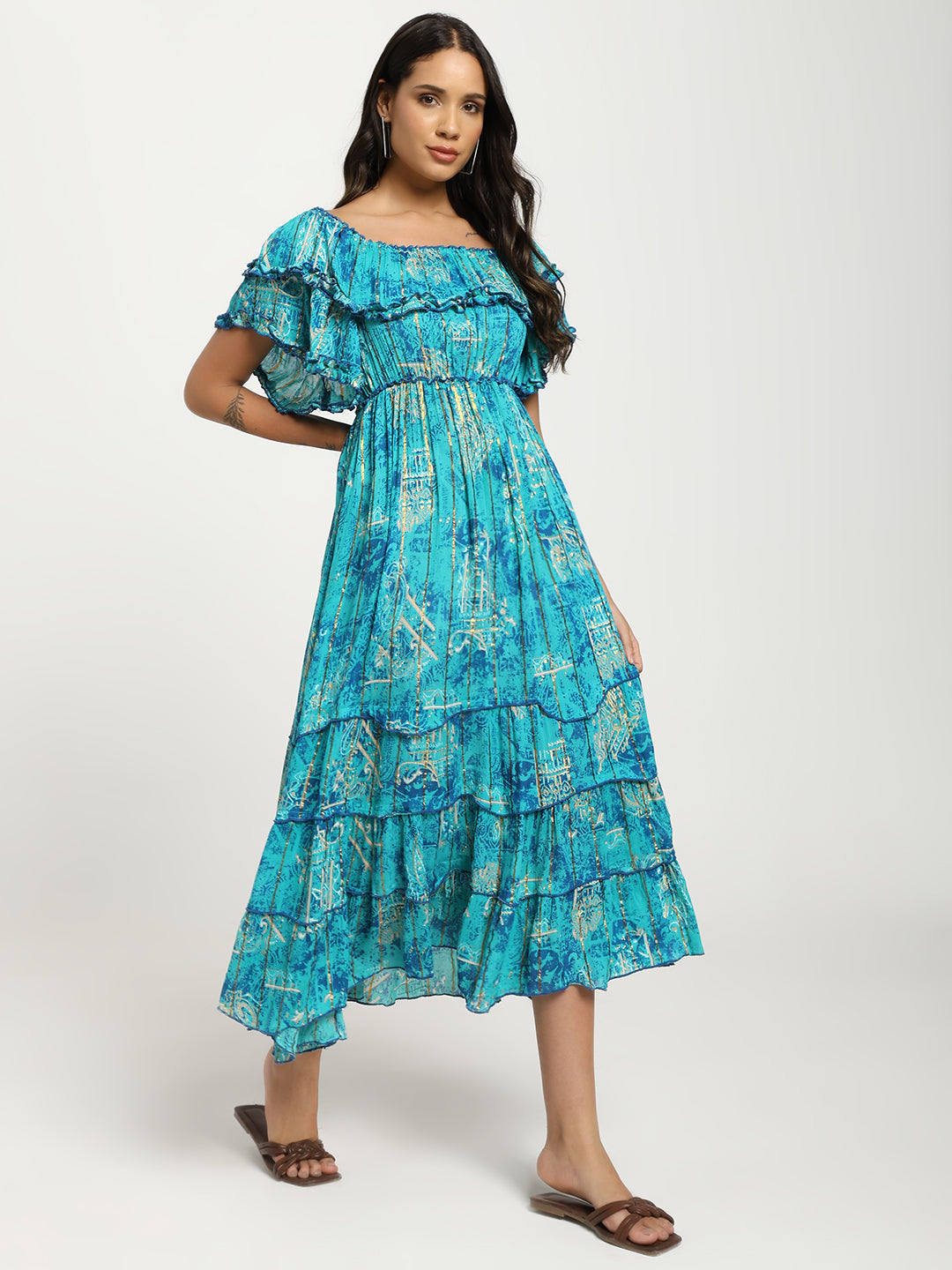 Off- Shoulder Tiered Maxi Dress in Turquoise Radiant