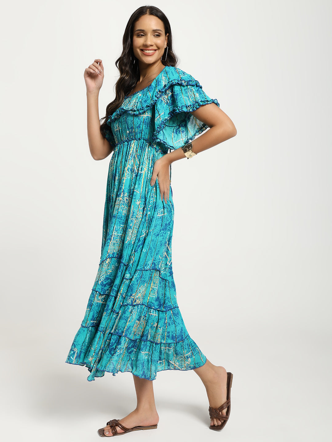 Off- Shoulder Tiered Maxi Dress in Turquoise Radiant