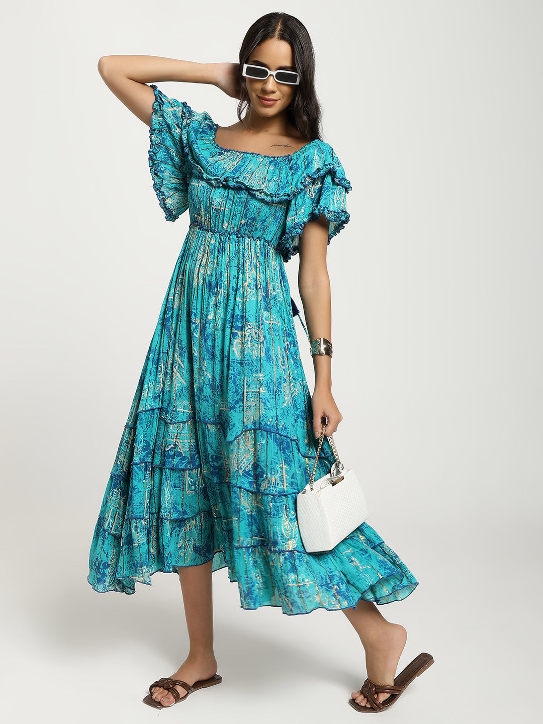 Off- Shoulder Tiered Maxi Dress in Turquoise Radiant