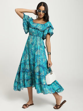 Off- Shoulder Tiered Maxi Dress in Turquoise Radiant