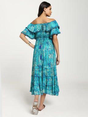 Off- Shoulder Tiered Maxi Dress in Turquoise Radiant