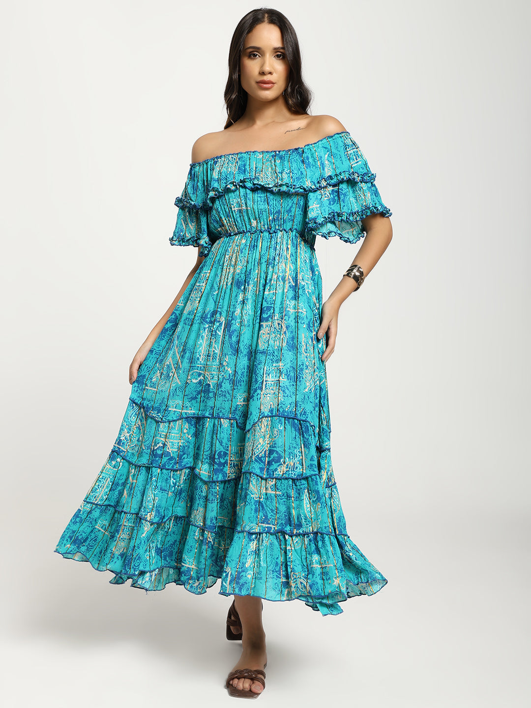 Off- Shoulder Tiered Maxi Dress in Turquoise Radiant