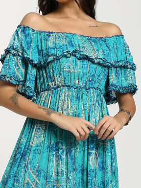 Off- Shoulder Tiered Maxi Dress in Turquoise Radiant