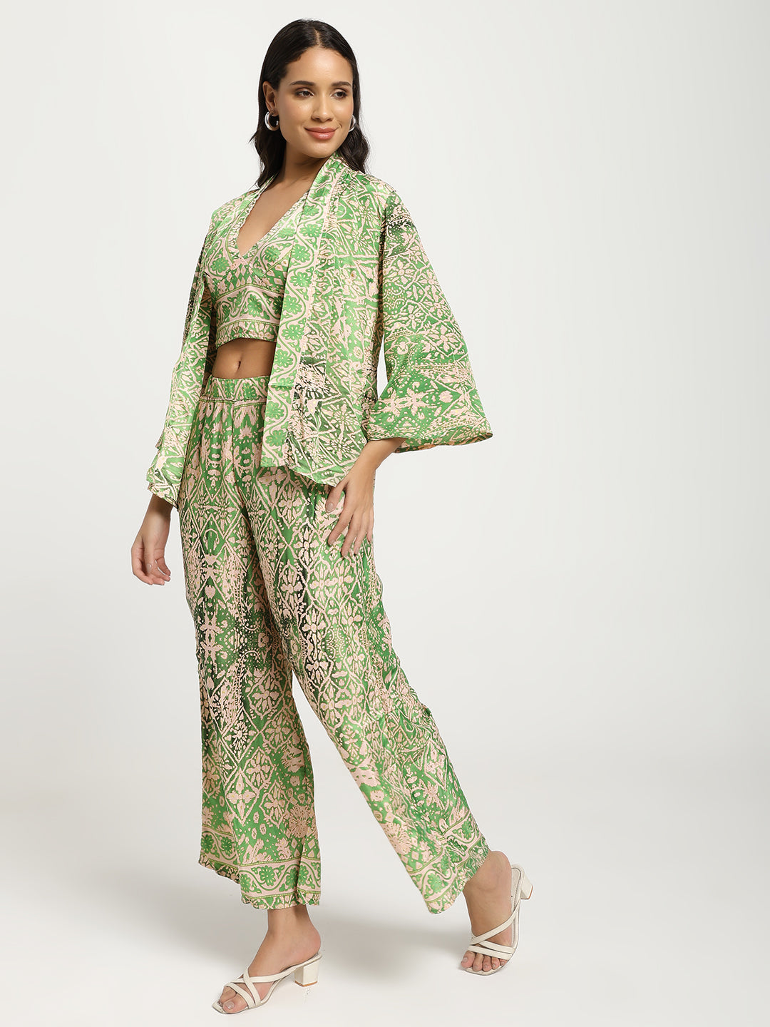 Boho Printed Bell Sleeves Kimono Coordinate Set - Mint Mirage