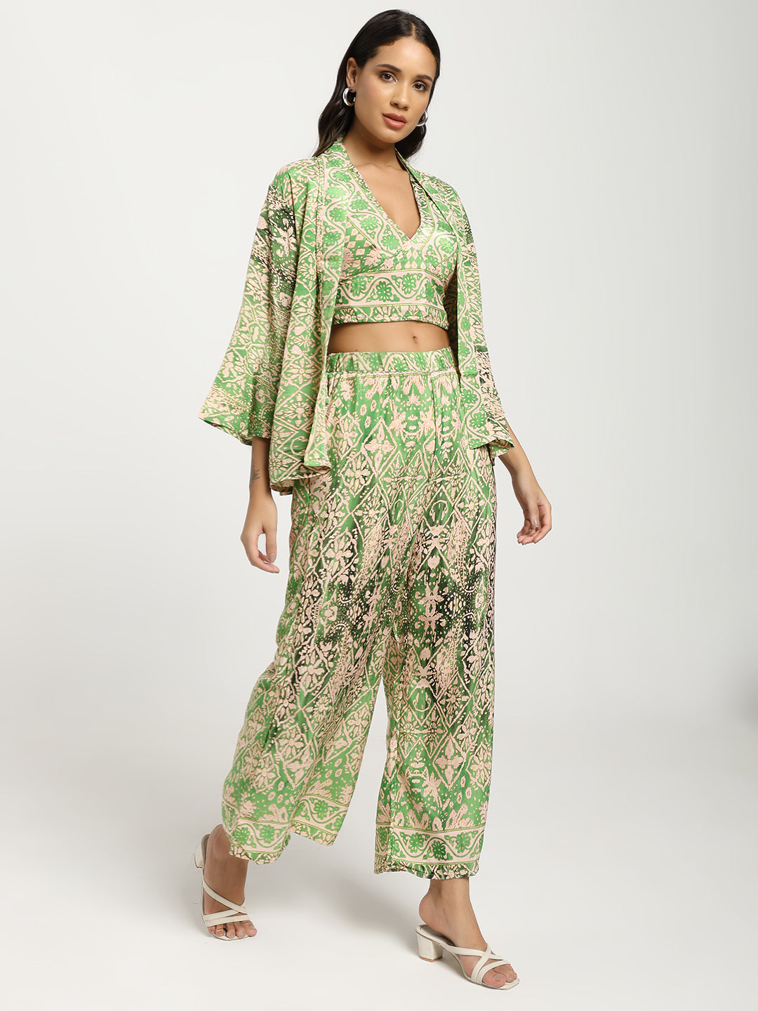 Boho Printed Bell Sleeves Kimono Coordinate Set - Mint Mirage