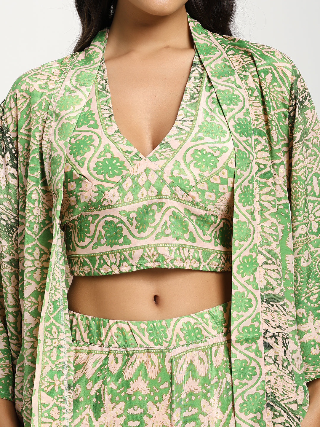 Boho Printed Bell Sleeves Kimono Coordinate Set - Mint Mirage