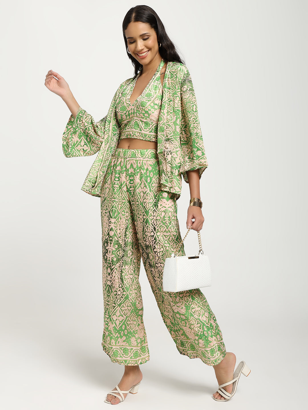 Boho Printed Bell Sleeves Kimono Coordinate Set - Mint Mirage