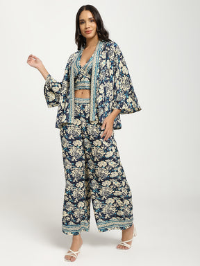 Boho Printed Bell Sleeves Kimono Coordinate Set - Blue Mirage