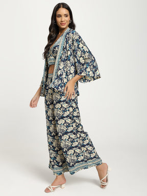 Boho Printed Bell Sleeves Kimono Coordinate Set - Blue Mirage