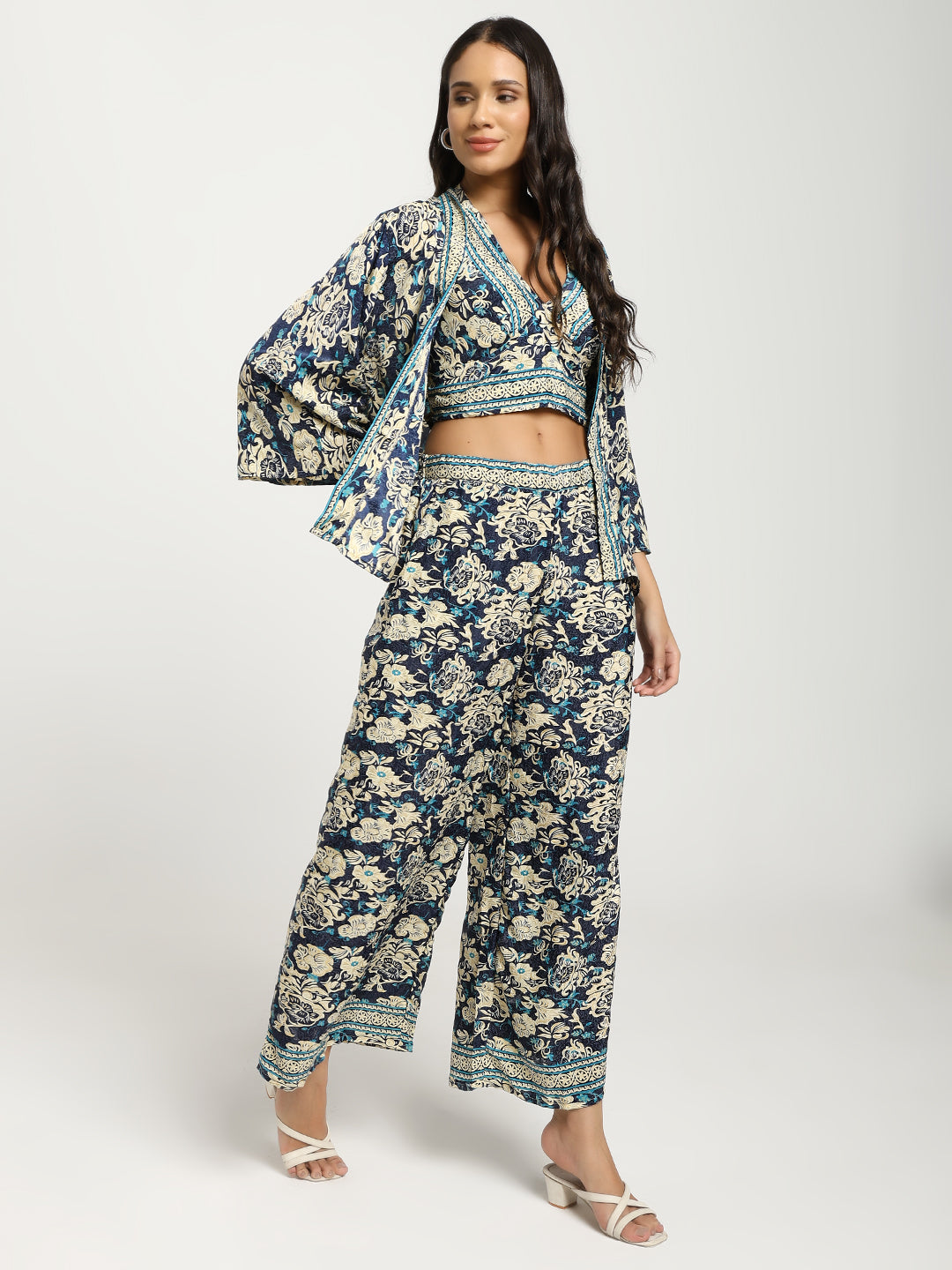 Boho Printed Bell Sleeves Kimono Coordinate Set - Blue Mirage