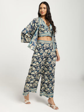 Boho Printed Bell Sleeves Kimono Coordinate Set - Blue Mirage
