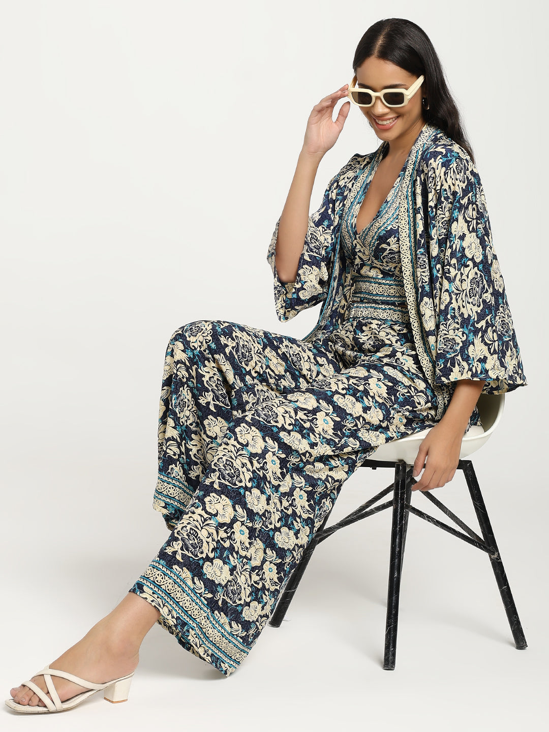 Boho Printed Bell Sleeves Kimono Coordinate Set - Blue Mirage