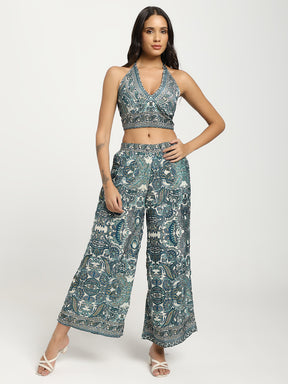 Boho Printed Bell Sleeves Kimono Coordinate Set - Teal Mirage