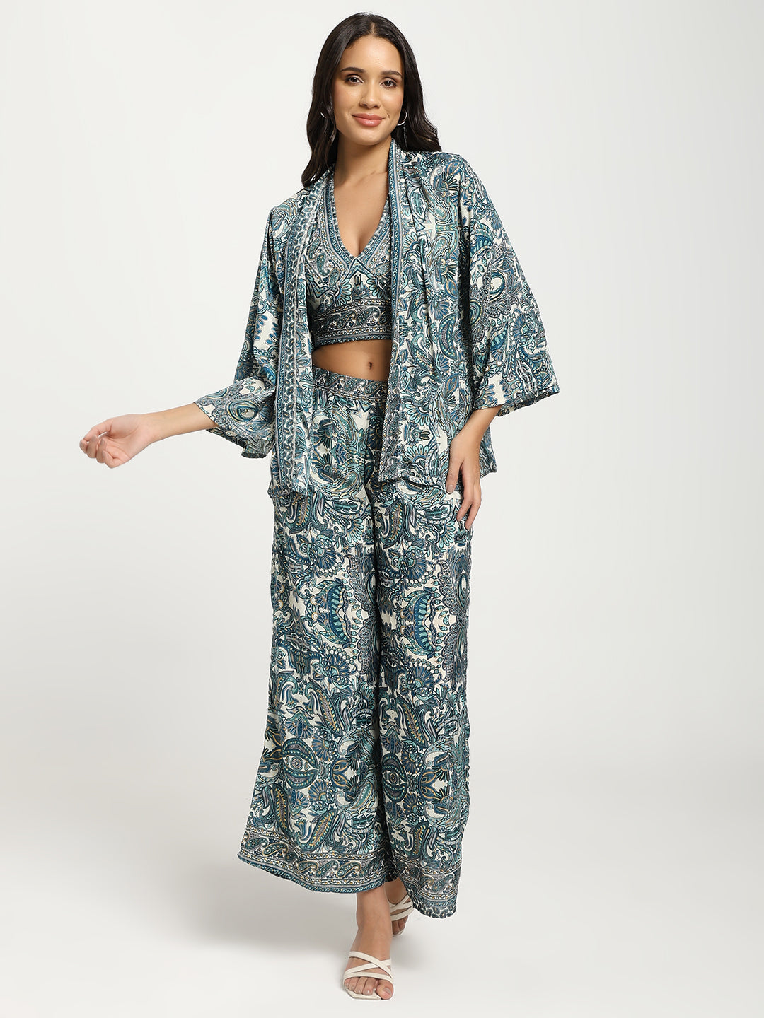 Boho Printed Bell Sleeves Kimono Coordinate Set - Teal Mirage