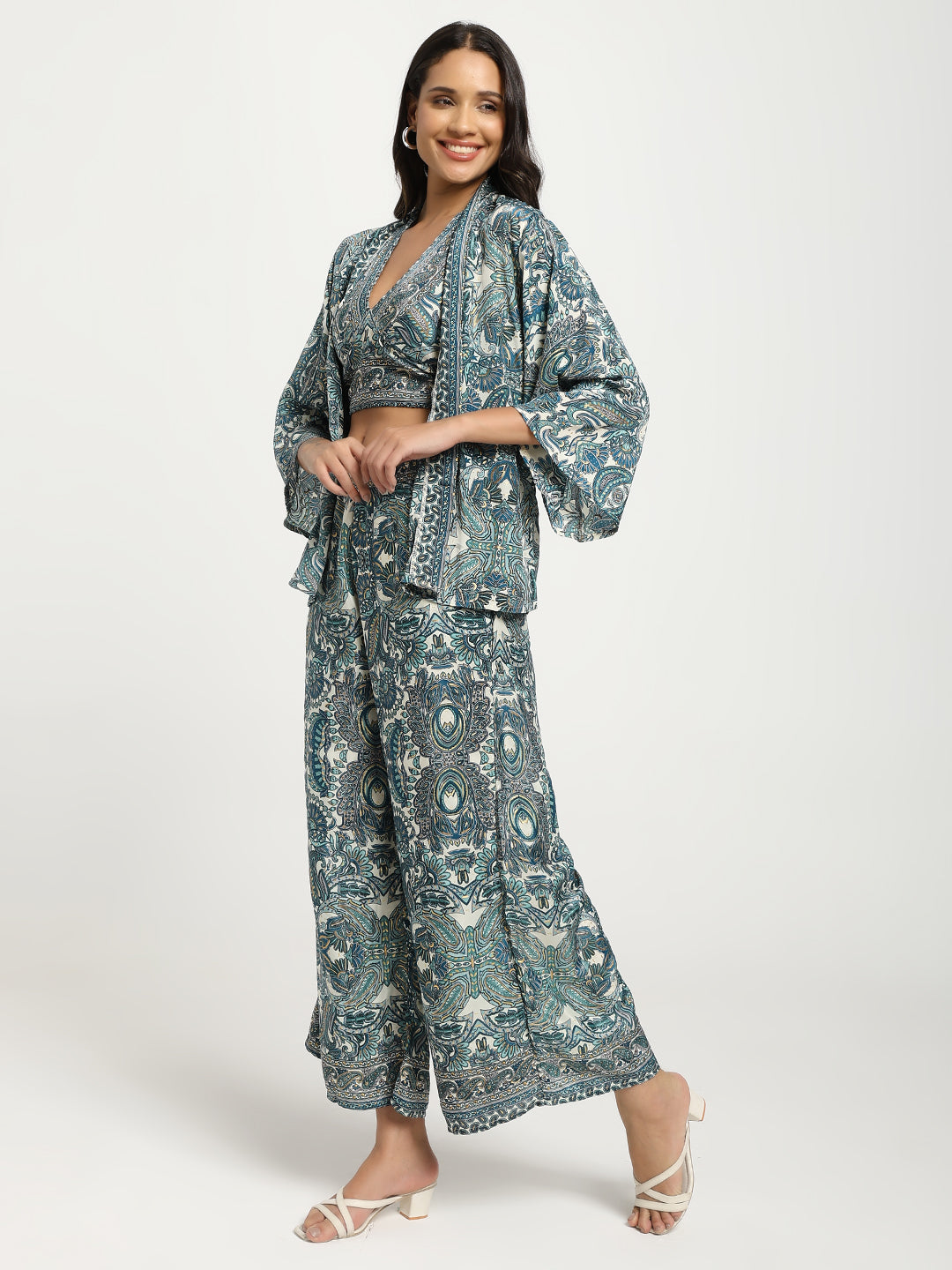 Boho Printed Bell Sleeves Kimono Coordinate Set - Teal Mirage