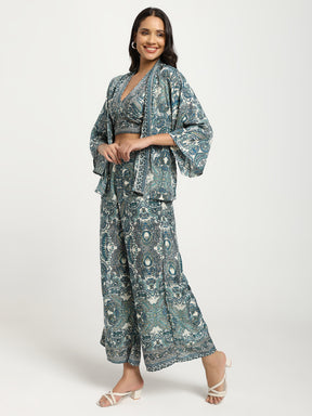 Boho Printed Bell Sleeves Kimono Coordinate Set - Teal Mirage