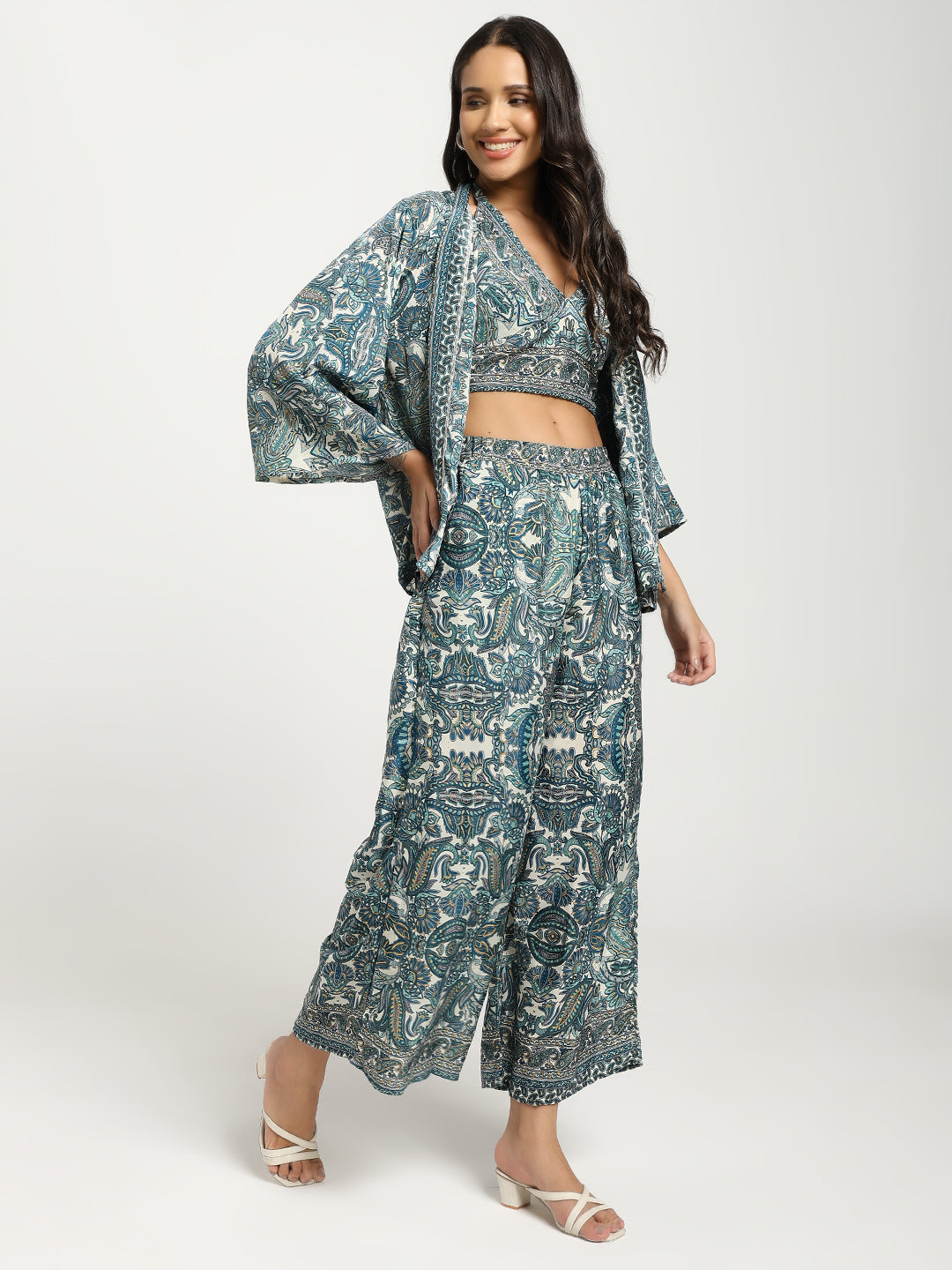 Boho Printed Bell Sleeves Kimono Coordinate Set - Teal Mirage
