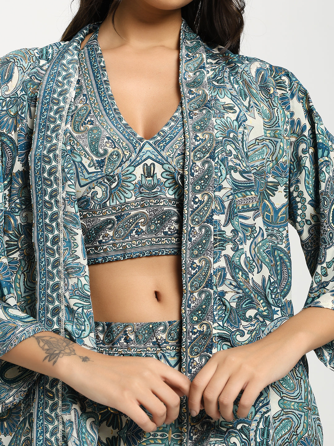 Boho Printed Bell Sleeves Kimono Coordinate Set - Teal Mirage