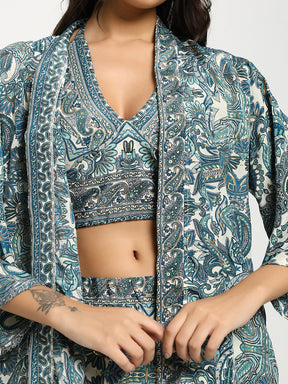 Boho Printed Bell Sleeves Kimono Coordinate Set - Teal Mirage