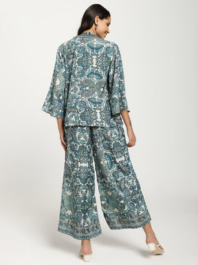 Boho Printed Bell Sleeves Kimono Coordinate Set - Teal Mirage
