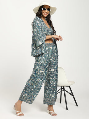 Boho Printed Bell Sleeves Kimono Coordinate Set - Teal Mirage